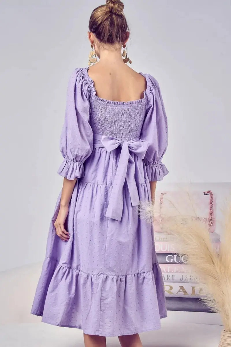 BiBi Swiss Dot Flounce Sleeve Smocked Tiered Midi Dress - Love Salve